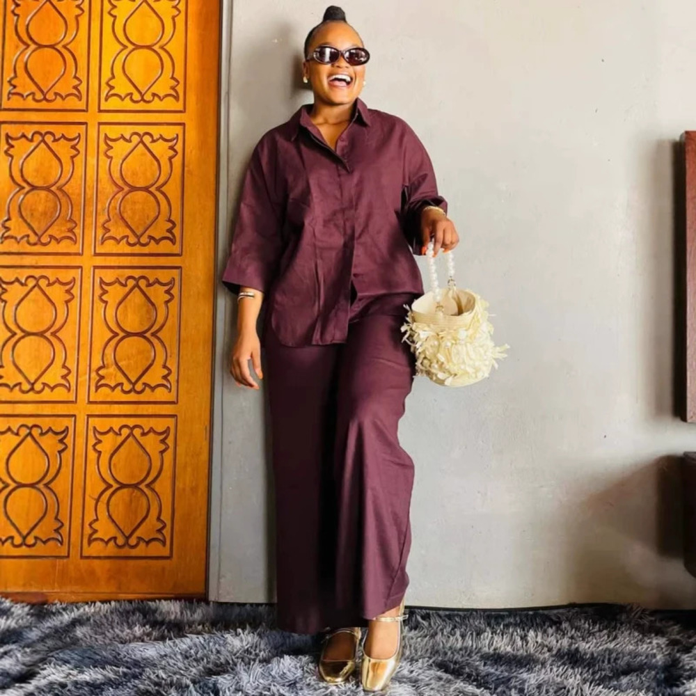 ZARA Chic African Plus Size Solid Long Sleeve Casual Shirt Wide Leg Pants Set